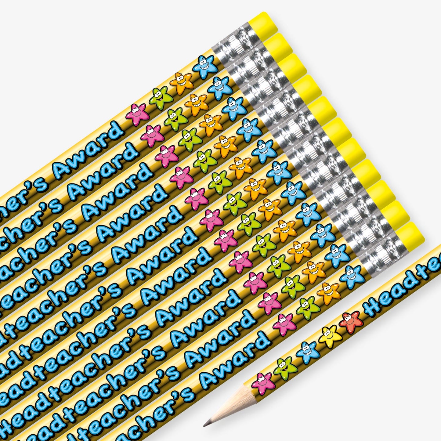 Set of 12 pre-sharpened pencils with erasers, each featuring a gold background with smiling cartoon stars and blue text reading 'Headteacher's Award' along the side.