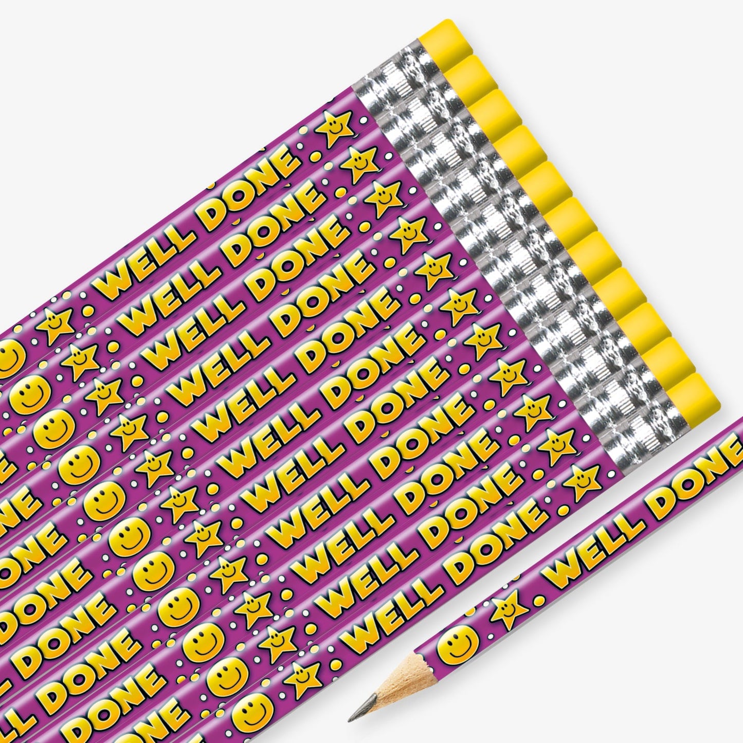 Set of 12 pre-sharpened pencils with erasers, each featuring a purple background with stars and smiling faces, with the wording  'Well Done' in yellow text