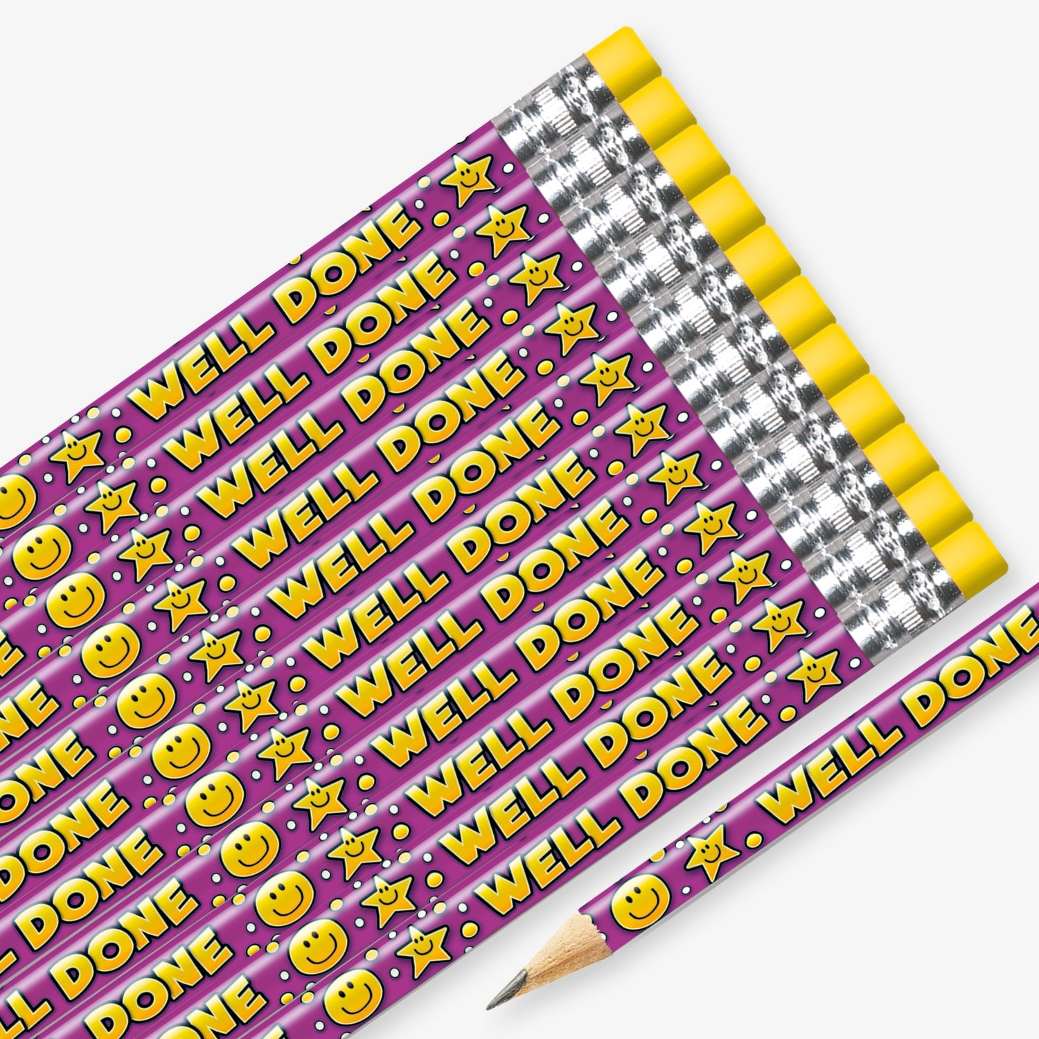 Set of 12 pre-sharpened pencils with erasers, each featuring a purple background with stars and smiling faces, with the wording  'Well Done' in yellow text