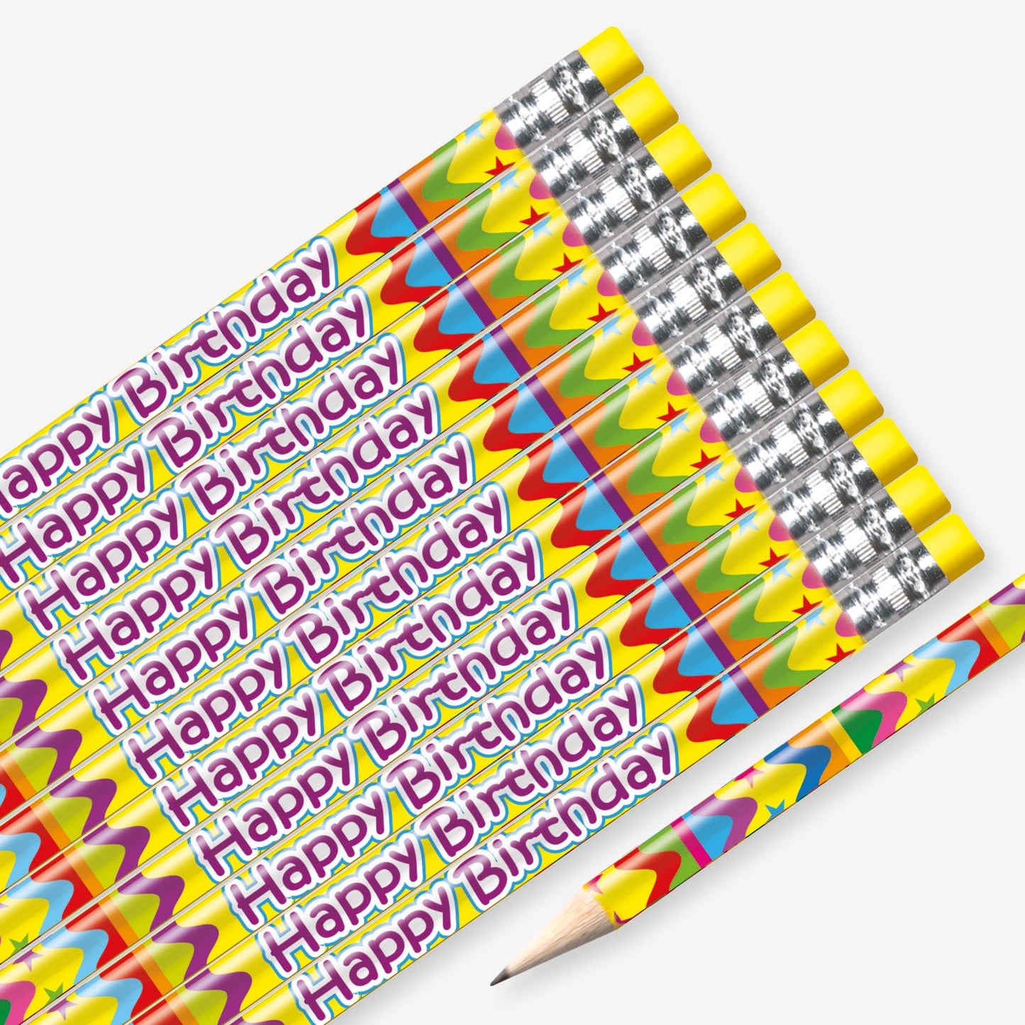 Set of 12 pre-sharpened pencils with erasers, each featuring a colourful barrel with and the phrase 'Happy Birthday' printed along the side in purple text.