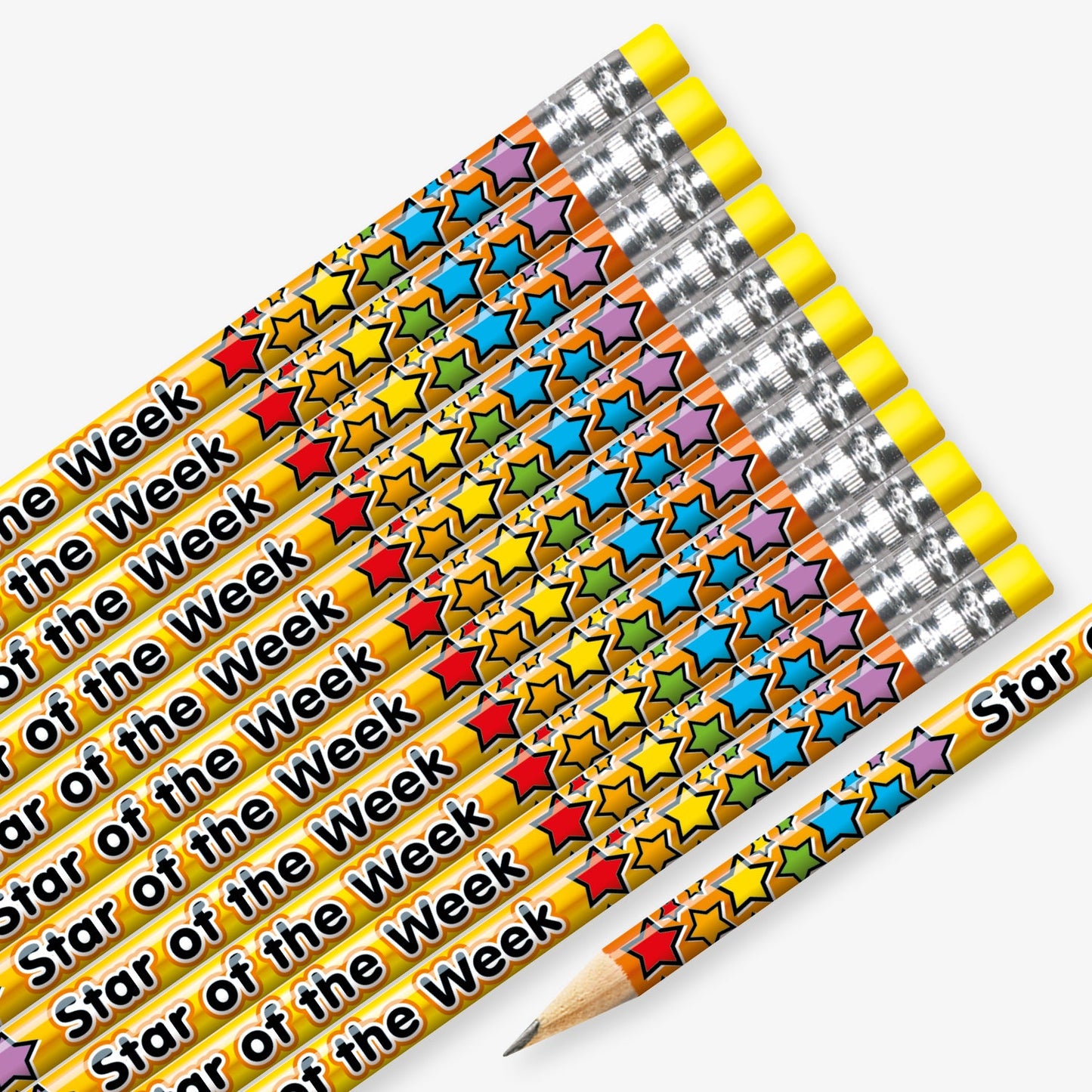 Set of 12 pre-sharpened pencils with erasers, each featuring a orange background with multicoloured stars with the wording  'Star of the Week' in black text.
