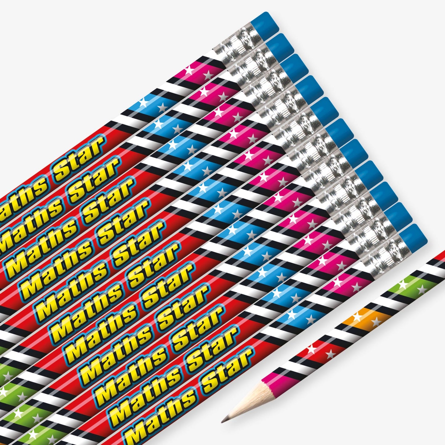 Set of 12 pre-sharpened pencils with erasers, each featuring a multicoloured spiral background with white stars and a central red section containing the wording  'Maths Star' in yellow text.