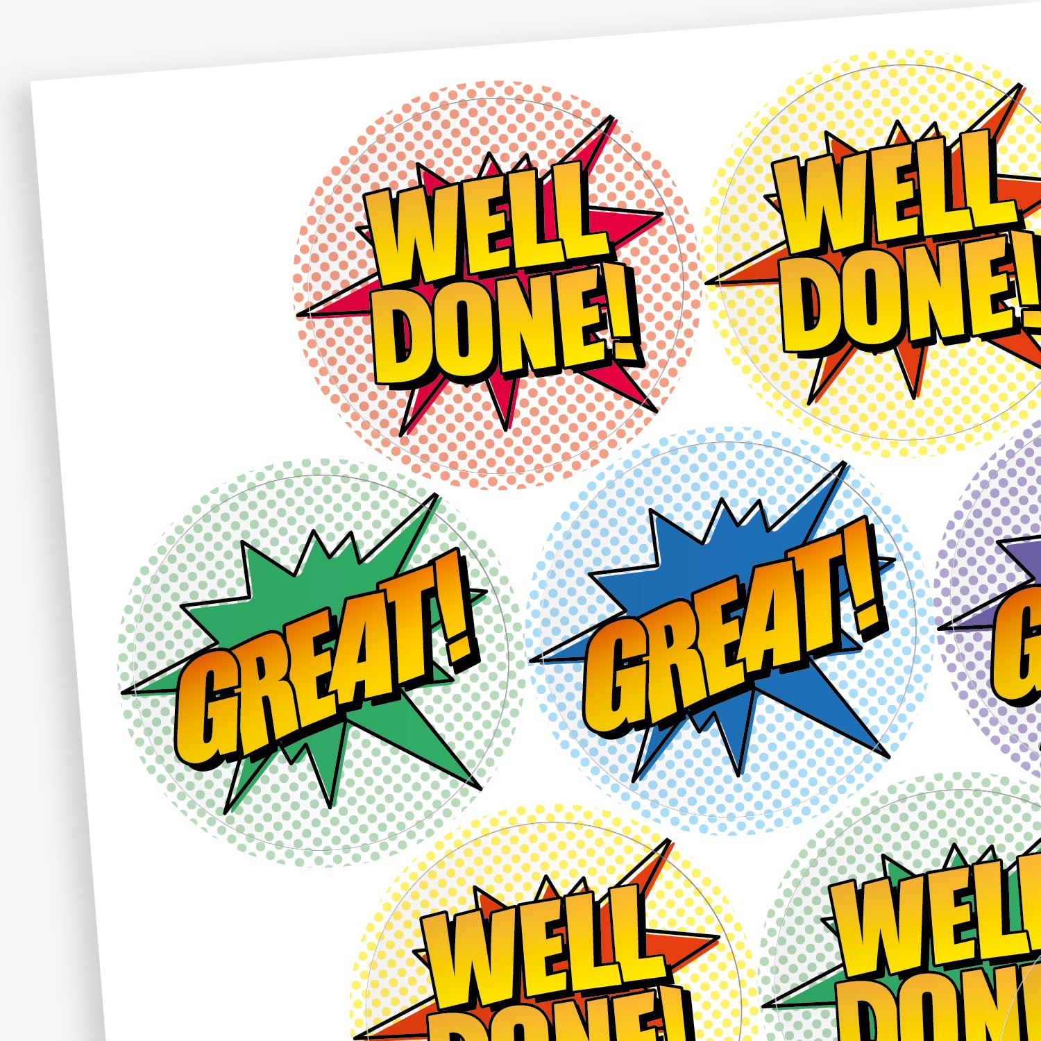 Sheet of sherbet scented colourful round stickers with comic book-style designs. Stickers feature bold text such as 'WELL DONE!' and 'GREAT!' in yellow with black outlines, set against vibrant starburst shapes in red, green, blue, and other colours.