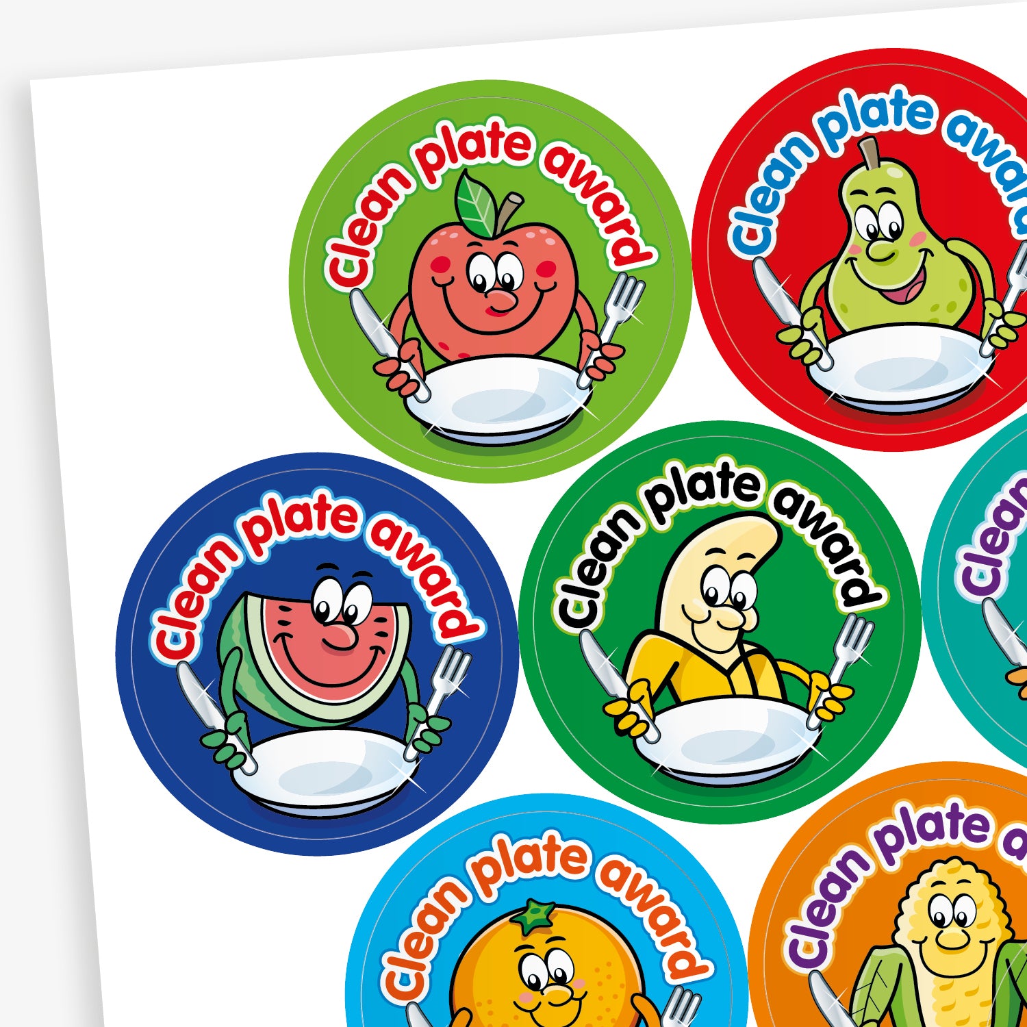 A fruity scented sheet of colourful circular 'Clean Plate Award' stickers featuring smiling cartoon fruits and vegetables, such as an apple, pear, corn, and pineapple, each holding a knife and fork with an empty plate. Background colours include green, red, orange, and purple.