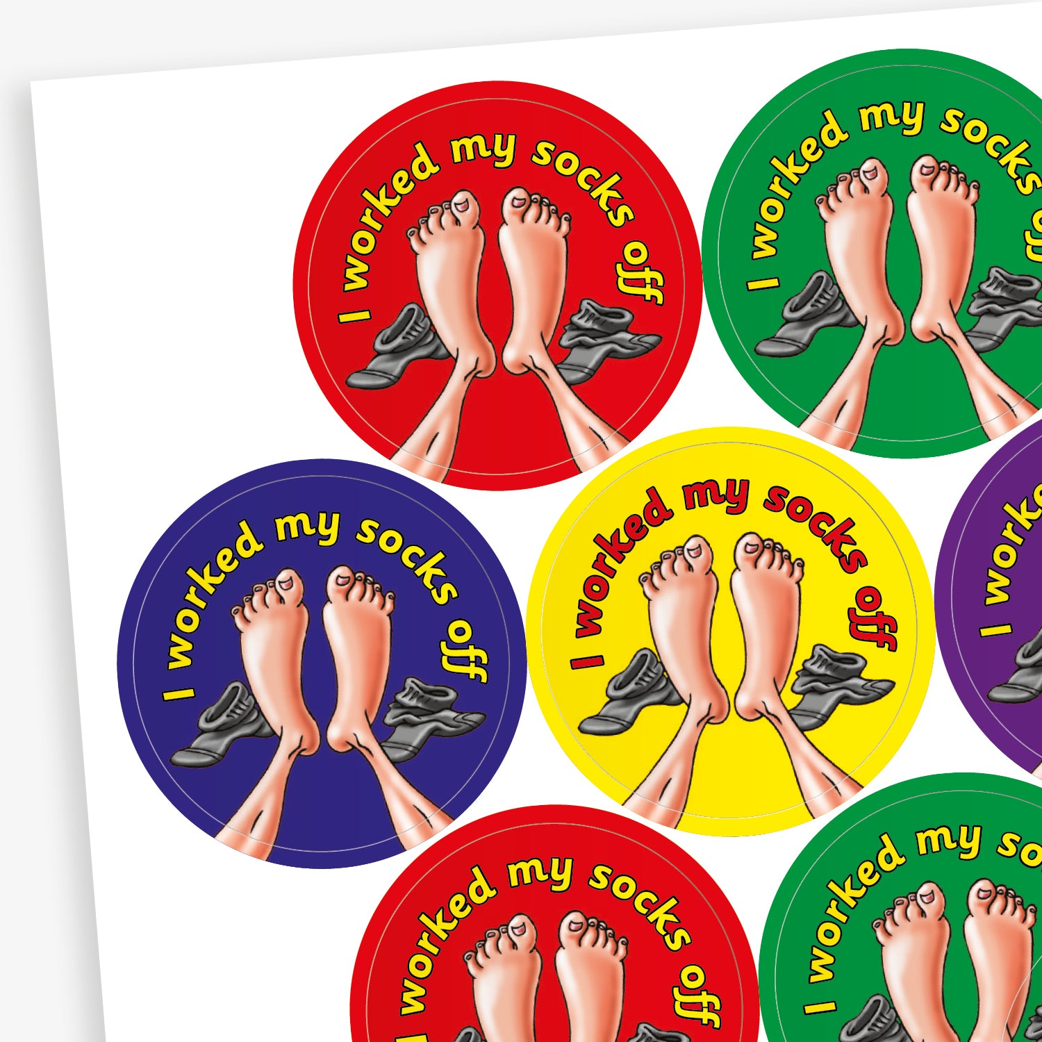 A sheet of circular stickers with clean linen scent.  Each featuring a a pair of feet with socks to the side on brightly coloured backgrounds of red, purple, yellow, blue and green.  Phrase above the image is 'I worked my socks off'