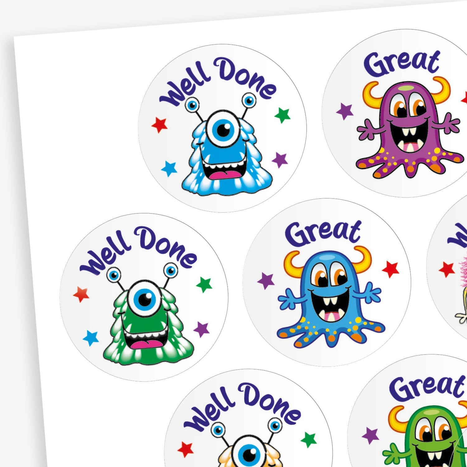 A sheet of 32mm circular stickers featuring colourful cartoon monsters with expressive faces, each accompanied by motivational phrases such as 'Well Done' and 'Great', designed to be berry-scented when rubbed.