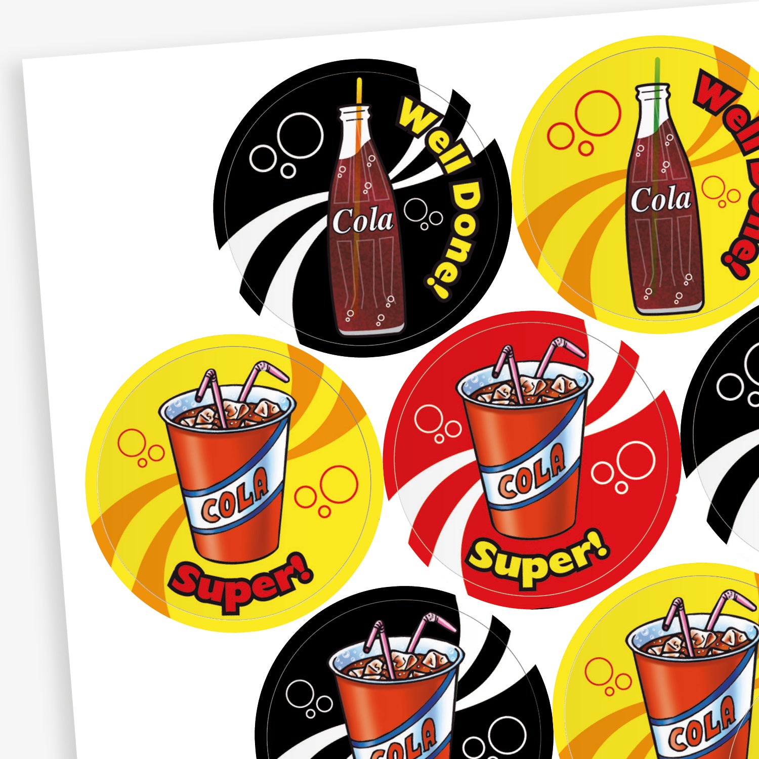Sheets of 32mm circular stickers featuring various cola-themed designs, including cola bottles, cans, and cups with straws, each accompanied by motivational phrases such as 'Well Done', 'Great', and 'Super', designed to emit a cola scent when rubbed.