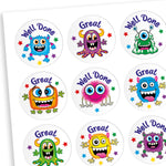 A sheet of 25mm circular stickers featuring colourful cartoon monsters with expressive faces, each accompanied by motivational phrases such as 'Well Done' and 'Great', designed to be berry-scented when rubbed.