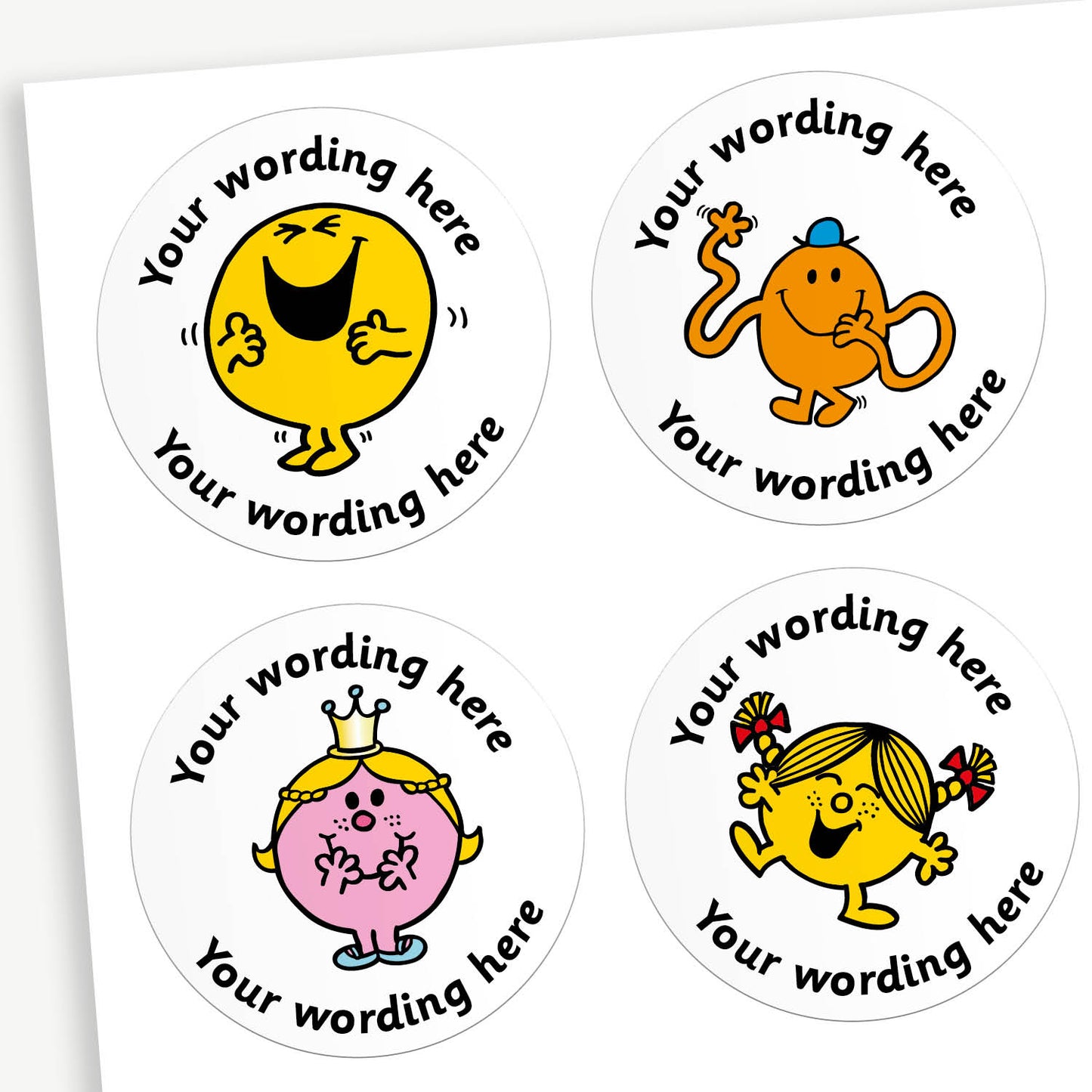 A sheet of 37mm round personalised stickers with jellybean scent. The stickers display different Mr Men or Little Miss characters, such as Mr Strong, Mr Tickle, Little Miss Sunshine and Little Misss Giggles. Text around the character is customisable.