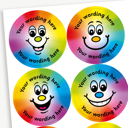 A sheet of 37mm round personalised stickers with sweet shop scent. The rainbow spectrum coloured stickers display various cartoon like smiling faces. Text around the character is customisable.