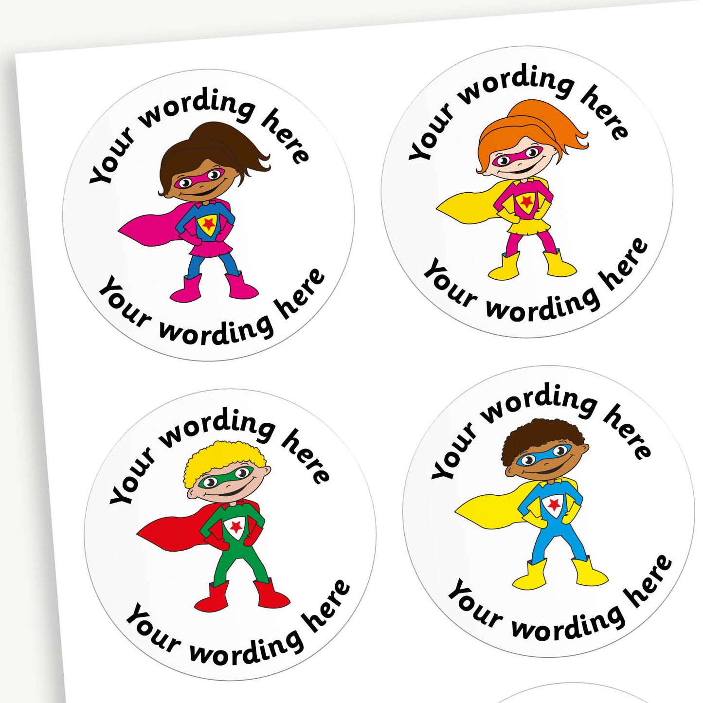 A sheet of 37mm round personalised stickers with sherbet scent. Each sticker has a centrally located child superhero. Text around the character is customisable.