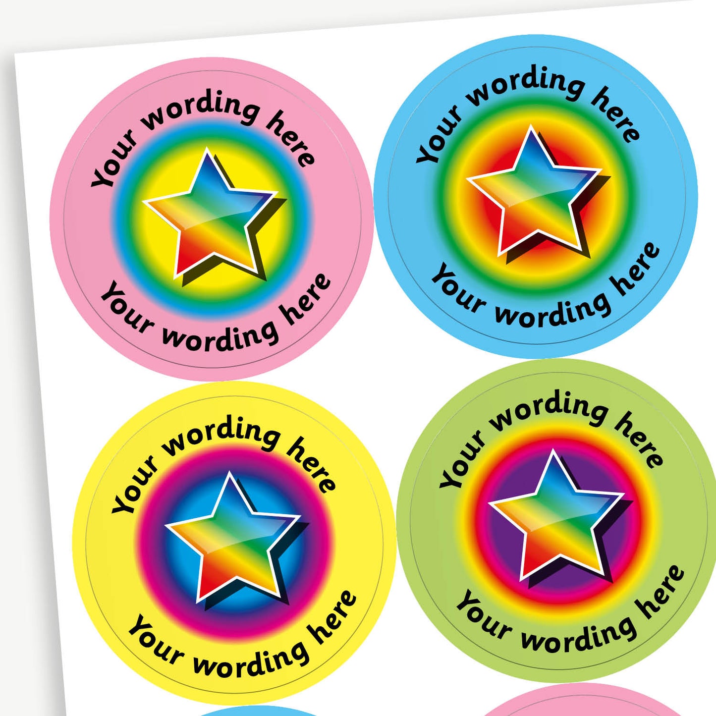 A sheet of 37mm round personalised stickers with sherbet scent. There is rainbow star in the centre of the sticker. Text around the character is customisable and is a variety of pastel colours.
