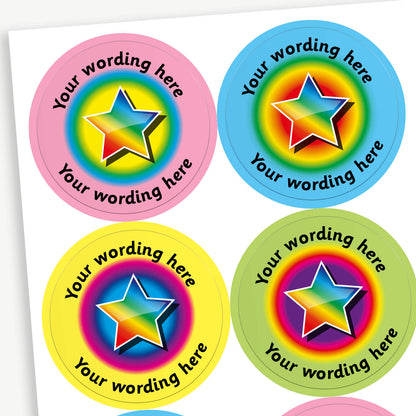 A sheet of 37mm round personalised stickers with sherbet scent. There is rainbow star in the centre of the sticker. Text around the character is customisable and is a variety of pastel colours.