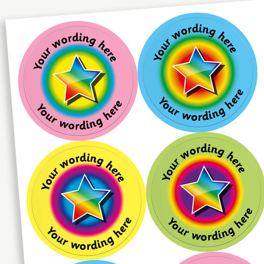 A sheet of 37mm round personalised stickers with sherbet scent. There is rainbow star in the centre of the sticker. Text around the character is customisable and is a variety of pastel colours.