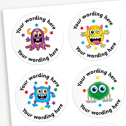 Sheet of 37mm circular personalised stickers with bubblegum scent. The stickers feature colourful cartoon monsters with expressive faces. Text around the monster is customisable.