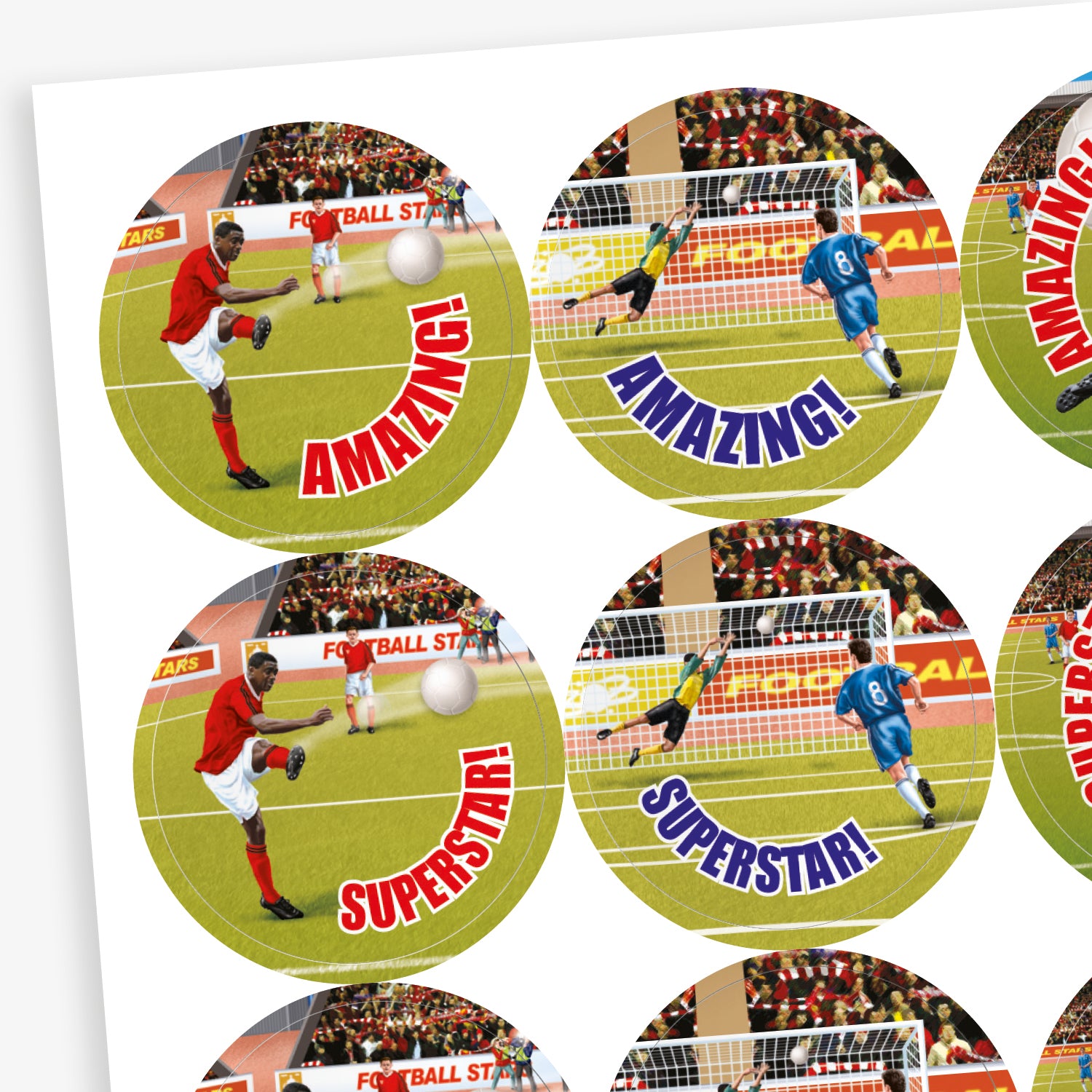 A sheet of 32mm circular stickers with bubblegum scent.  Featuring goals being scored on a football pitch with phrases including 'Well done', 'Great', 'Superstar' and 'Amazing'. 