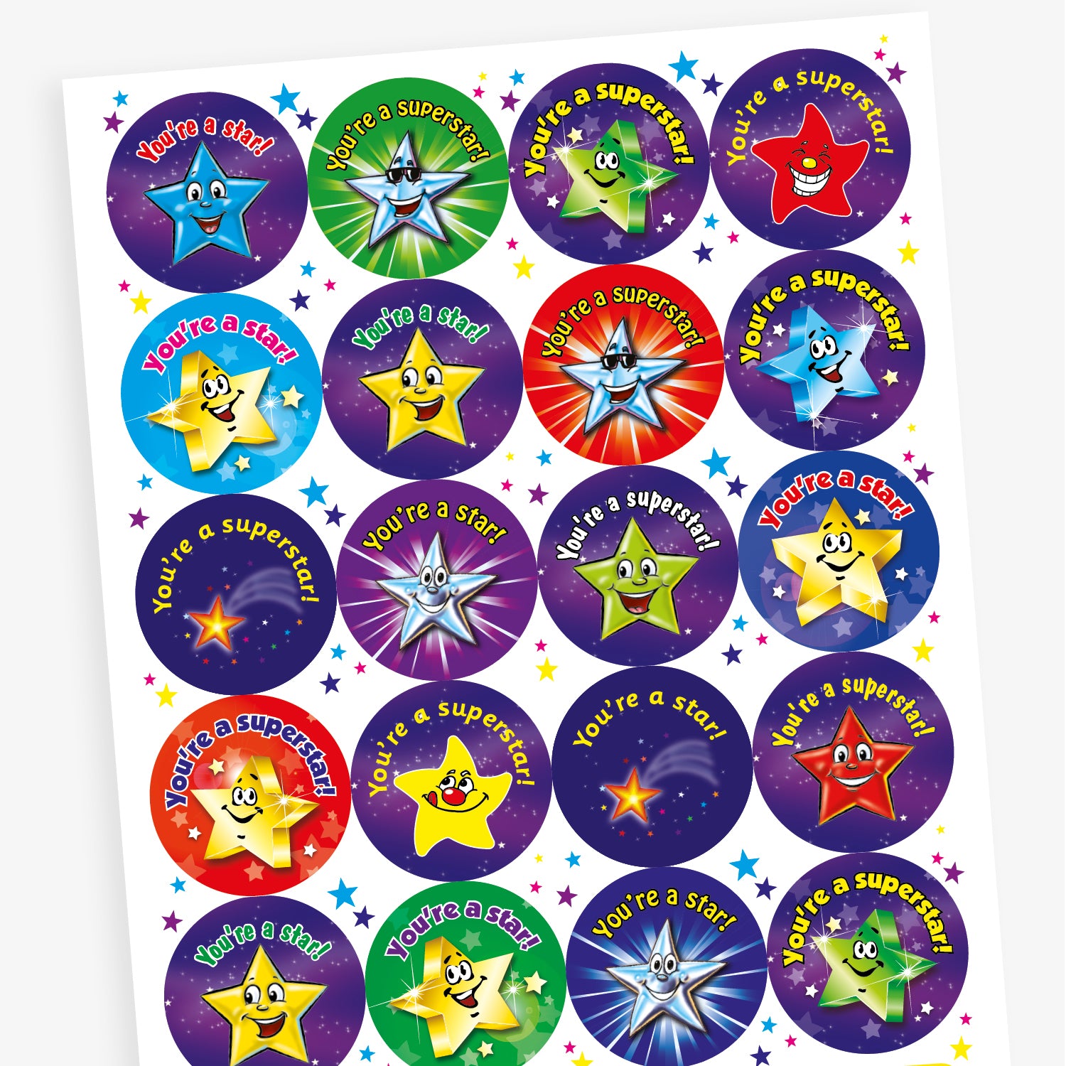 Sheet of 32mm circular personalised stickers with berry scent. The stickers feature colourful stars which are smiling. Text includes 'You're a star!' and 'You're a superstar'.