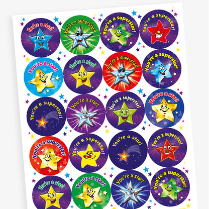 Sheet of 32mm circular personalised stickers with berry scent. The stickers feature colourful stars which are smiling. Text includes 'You're a star!' and 'You're a superstar'.