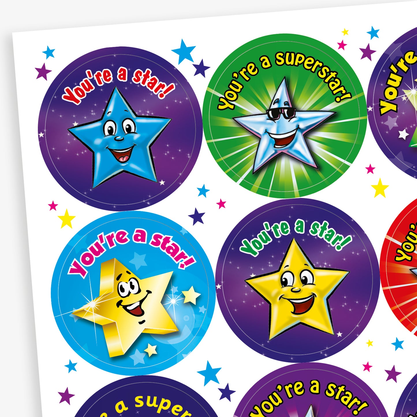Sheet of 32mm circular personalised stickers with berry scent. The stickers feature colourful stars which are smiling. Text includes 'You're a star!' and 'You're a superstar'.