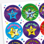 Sheet of 32mm circular personalised stickers with berry scent. The stickers feature colourful stars which are smiling. Text includes 'You're a star!' and 'You're a superstar'.
