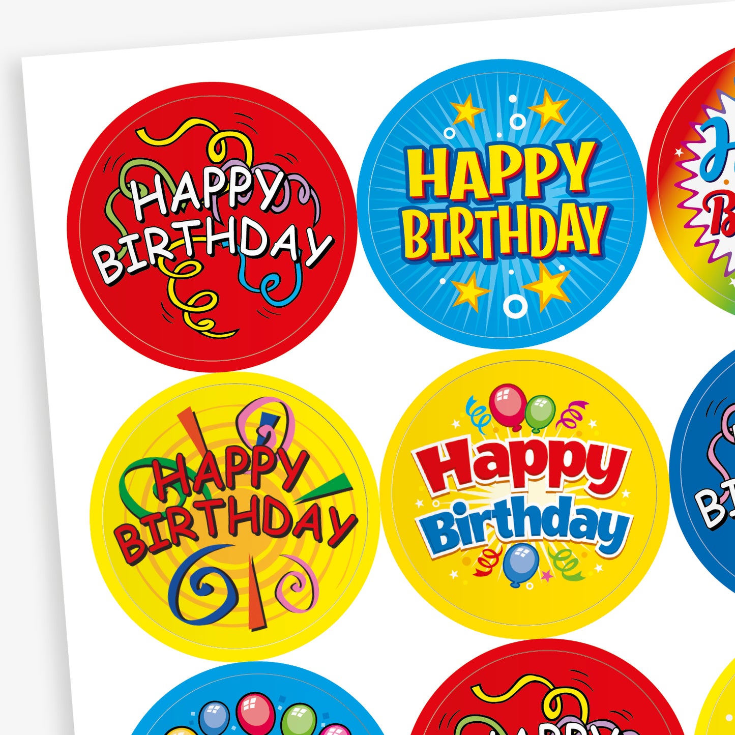 Sheet of strawberry scented round birthday stickers in various bright colours and designs. Each sticker features the phrase 'Happy Birthday' in different playful fonts, with decorative elements such as balloons, stars, swirls, and confetti. Backgrounds include red, yellow, rainbow, blue, and black themes.
