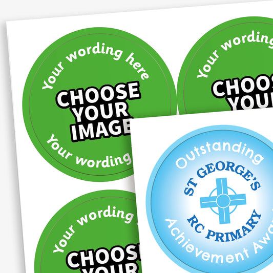 Sheet of 45mm stickers with central 'CHOOSE YOUR IMAGE' to either upload photo or choose image as central item.  Colour choice of background and 'Your wording here' above and below central image