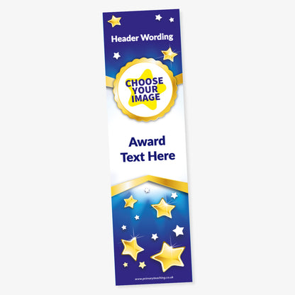 Customisable award bookmark with a blue and white background decorated with gold stars. The top section reads 'Header Wording' and has a circular placeholder labelled 'Choose Your Image'. The centre says 'Award Text Here', with more stars towards the bottom.