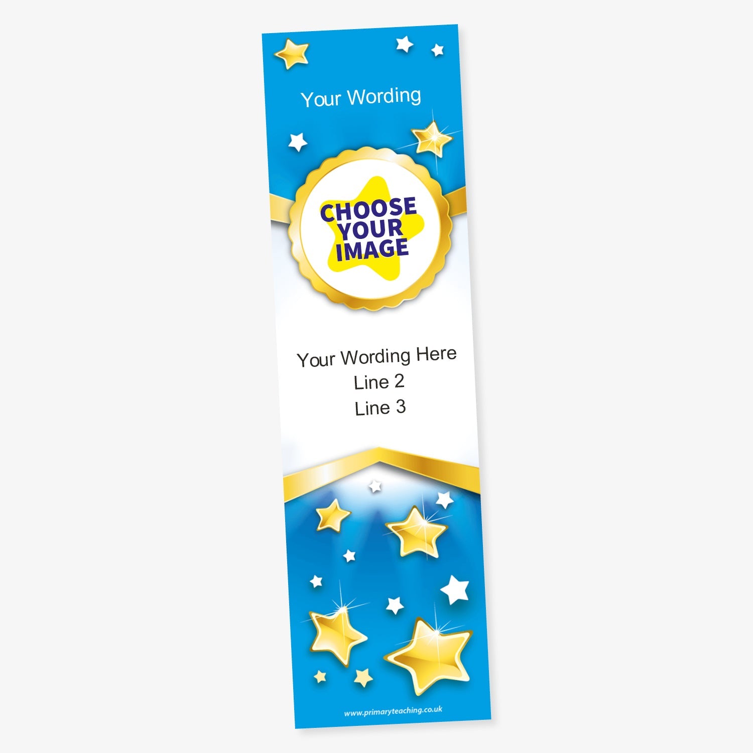 Customisable award bookmark with a cyan and white background decorated with gold stars. The top section reads 'Header Wording' and has a circular placeholder labelled 'Choose Your Image'. The centre has three text lines for personalisation, with more stars towards the bottom.