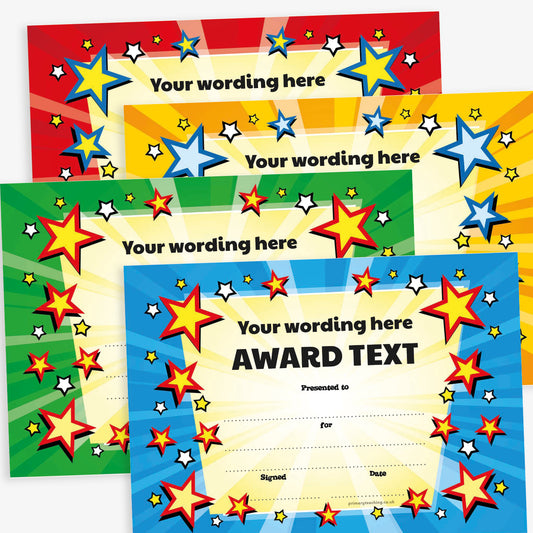 Four A5 award certificates with dynamic starburst backgrounds in blue, green, yellow, and red themes. Each certificate displays placeholder text 'Your wording here' and 'Award Text', surrounded by bold red, yellow, and blue star graphics. Includes blank lines for 'Presented to', 'For', 'Signed', and 'Date', with space for custom wording.