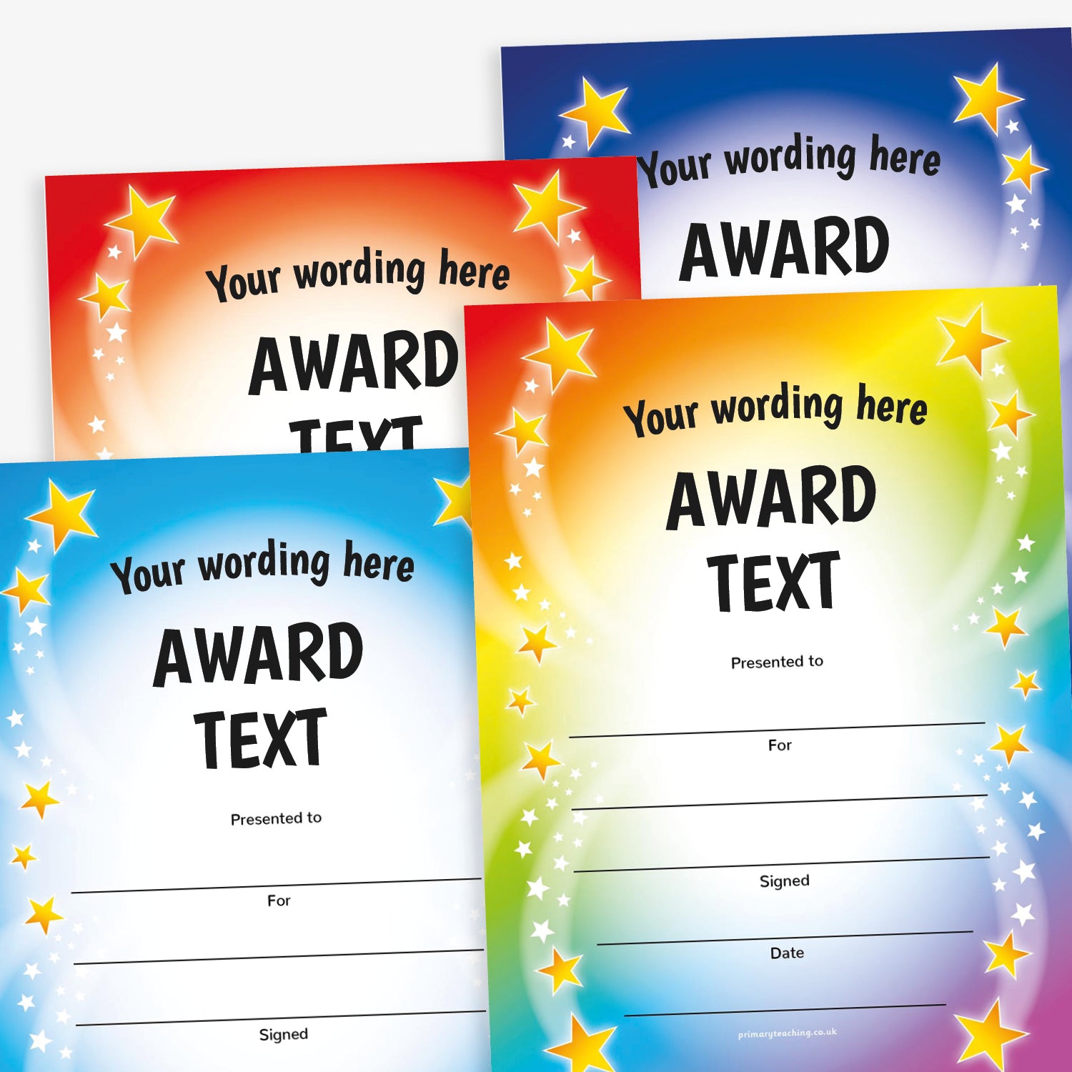 Four portrait A5 award certificates in red, blue, green-yellow, and dark blue gradients. Each certificate features the placeholder text 'Your wording here' and 'AWARD TEXT' in bold black letters. A curved trail of stars borders both sides of the central content. Includes blank lines for 'Presented to', 'For', 'Signed', and 'Date'