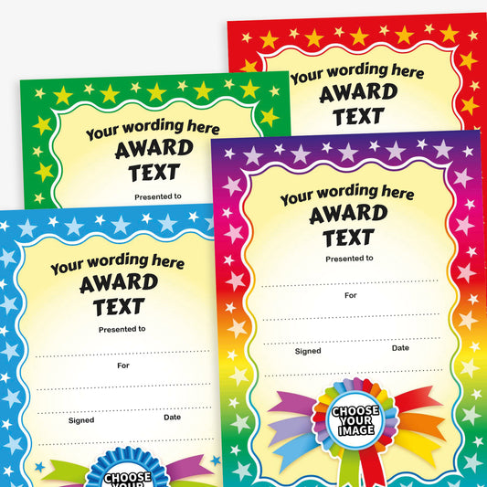 Customisable A5 certificates with vibrant  borders in red, cyan, green and rainbow. Each certificate features the placeholder text 'Your Wording Here' and 'Award Text' at the top, with gold ribbon accents and scattered stars. Includes blank lines for 'Presented to', 'For', 'Signed', and 'Date', and a central circular badge space labelled 'Choose Your Image' for personalisation