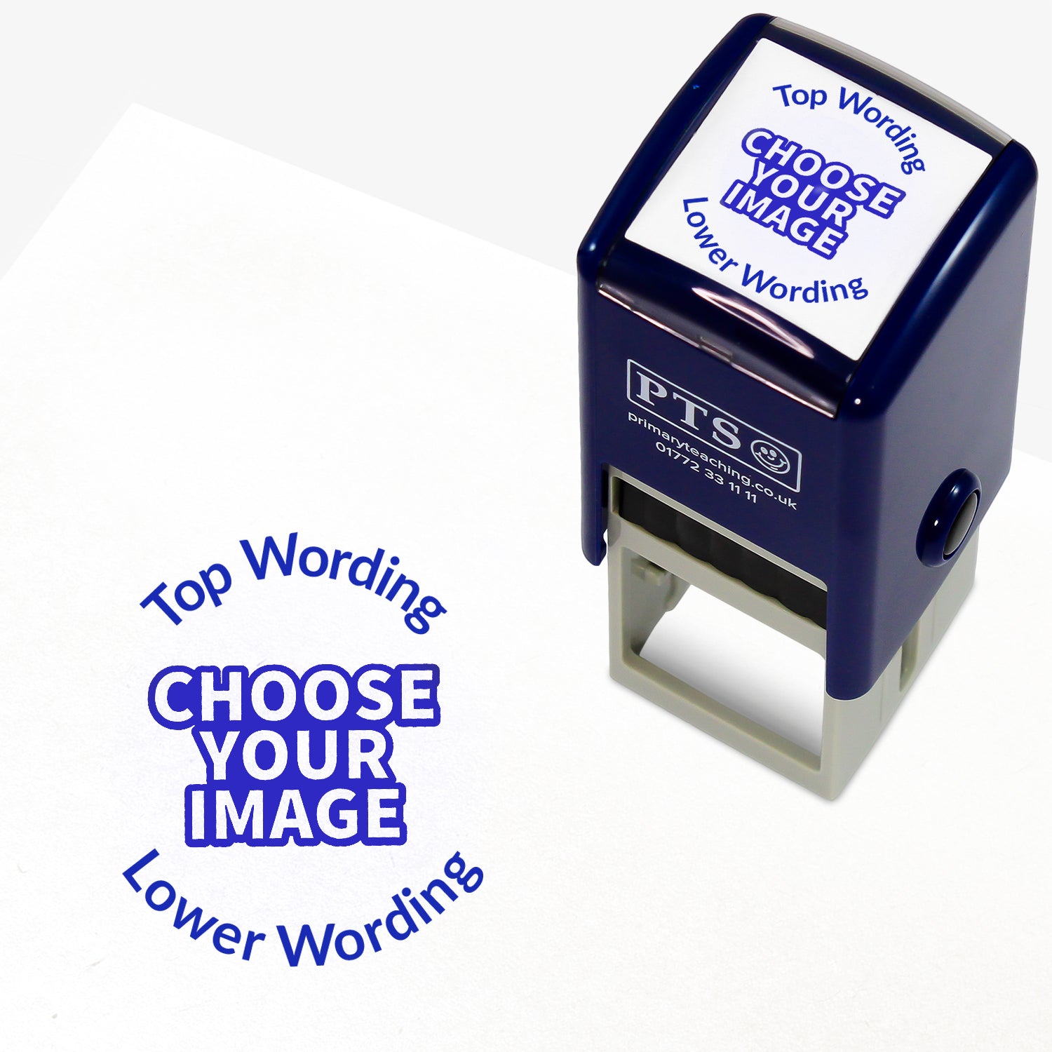 Customisable purple self-inking 25mm stamper with the placeholder text 'CHOOSE YOUR IMAGE' in bold purple, framed by 'Top Wording' and 'Lower Wording' above and below, indicating space for a personalised image and message.