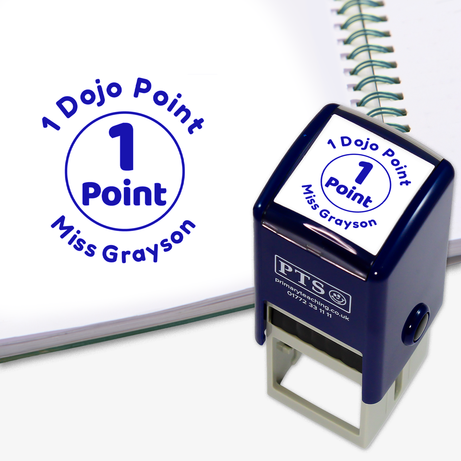Blue PTS stamp with '1 Dojo Point Miss Grayson' text on a white background