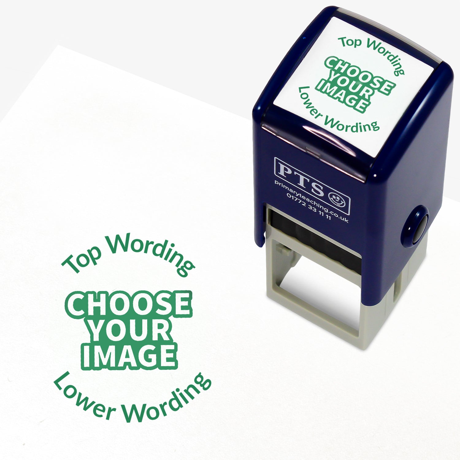 Customisable pink self-inking 25mm stamper with the placeholder text 'CHOOSE YOUR IMAGE' in bold pink, framed by 'Top Wording' and 'Lower Wording' above and below, indicating space for a personalised image and message.