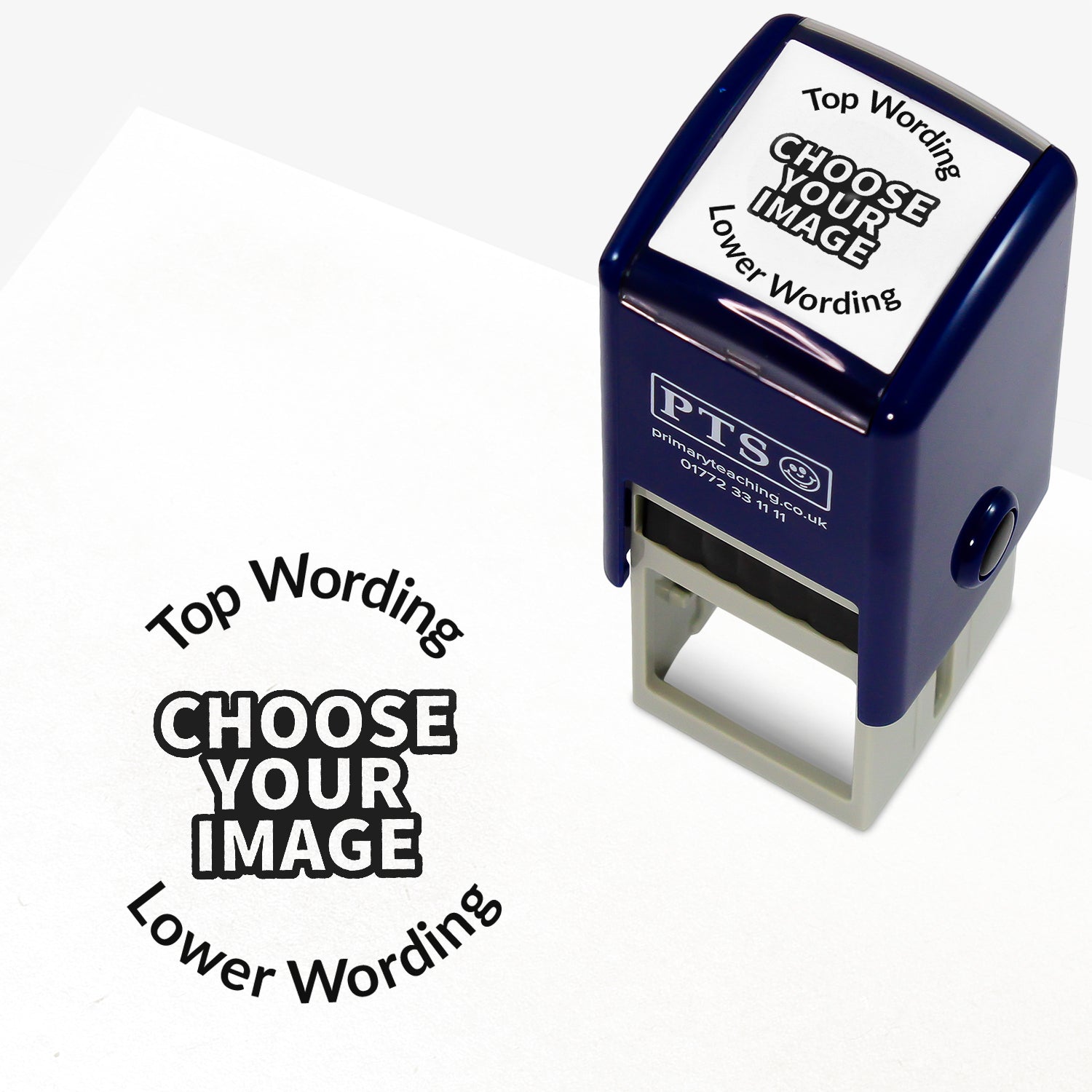 Customisable orange self-inking 25mm stamper with the placeholder text 'CHOOSE YOUR IMAGE' in bold orange, framed by 'Top Wording' and 'Lower Wording' above and below, indicating space for a personalised image and message.