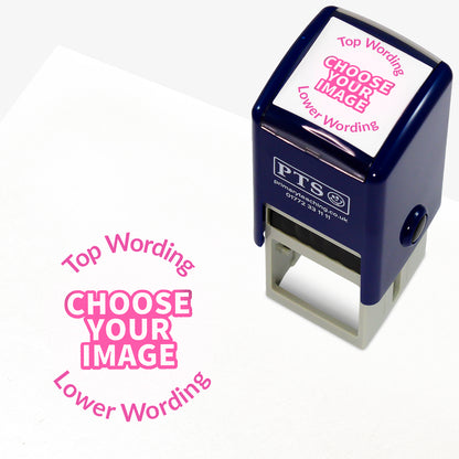 Customisable blue self-inking 25mm stamper with the placeholder text 'CHOOSE YOUR IMAGE' in bold blue, framed by 'Top Wording' and 'Lower Wording' above and below, indicating space for a personalised image and message.