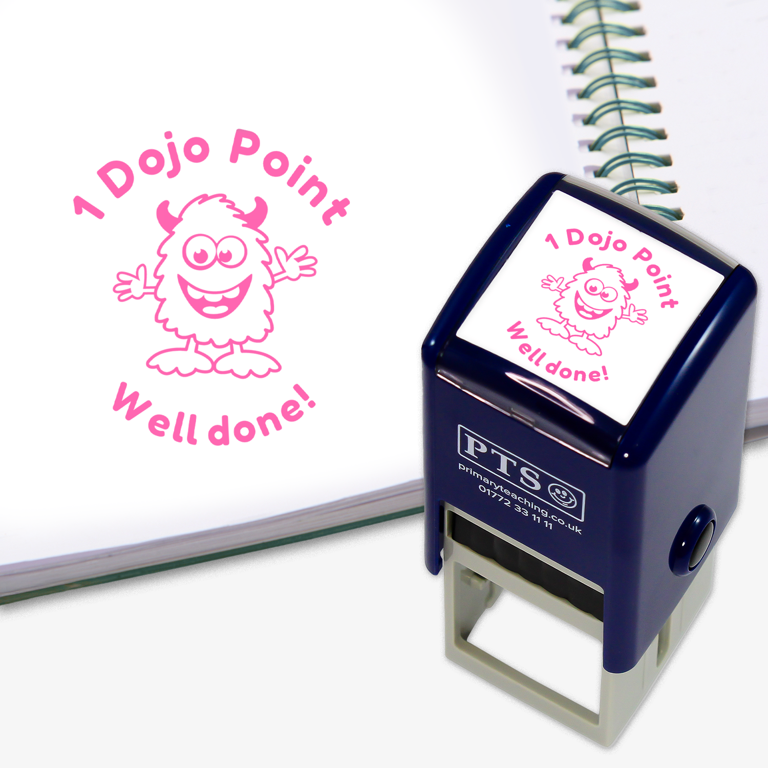 PTS stamp with '1 Dojo Point Well done!' text and cartoon character on a notebook page.  Pink Ink