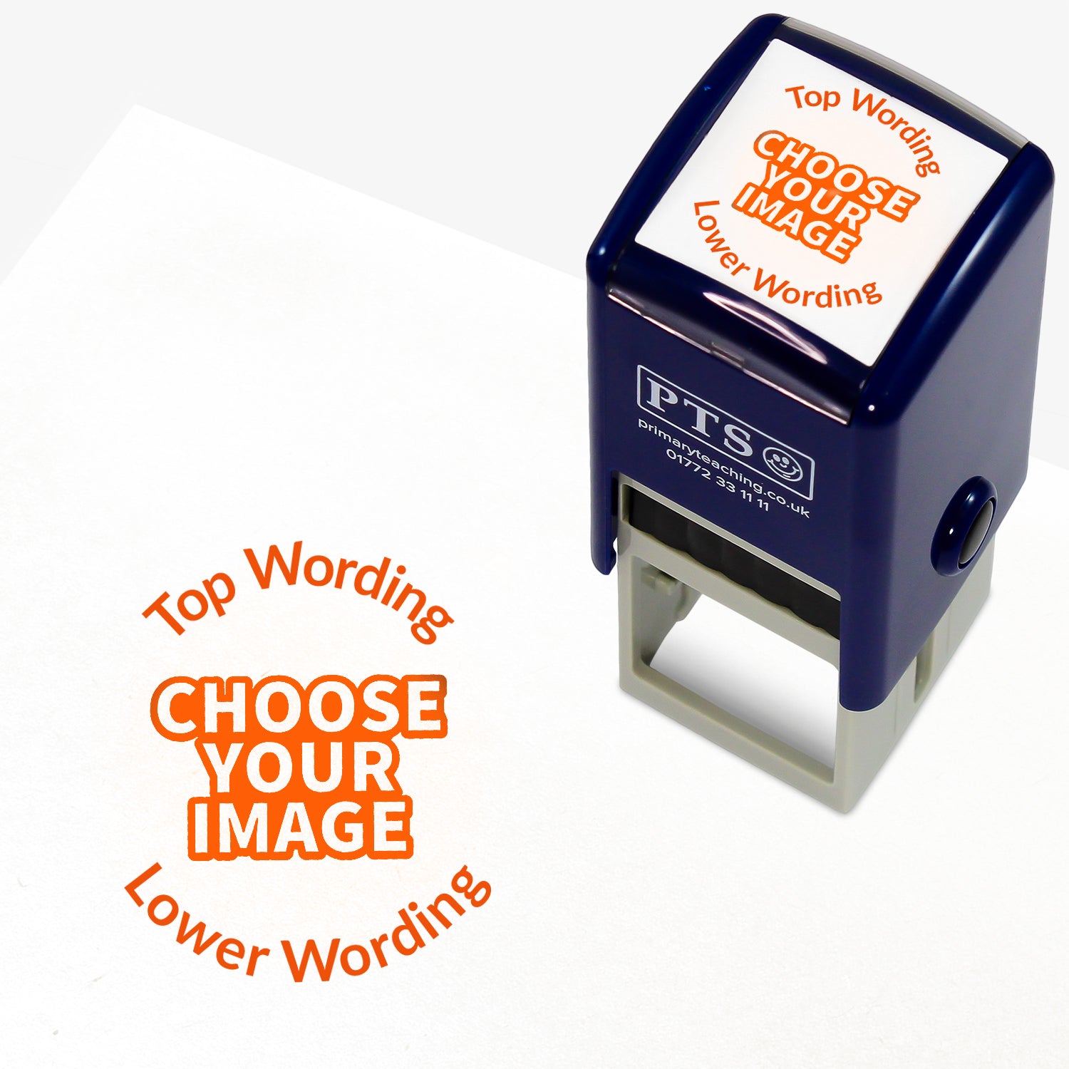 Customisable black self-inking 25mm stamper with the placeholder text 'CHOOSE YOUR IMAGE' in bold black, framed by 'Top Wording' and 'Lower Wording' above and below, indicating space for a personalised image and message.