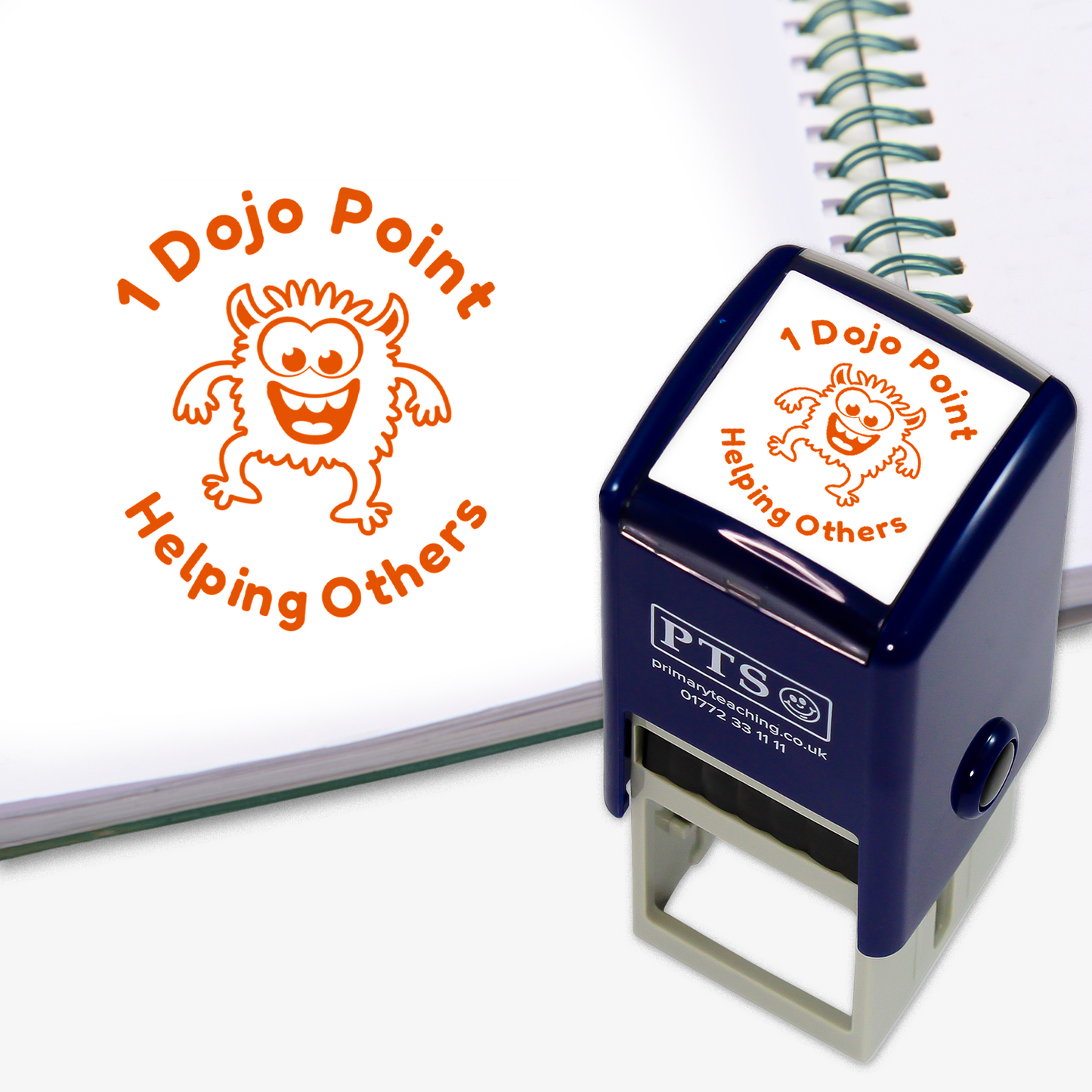PTS dojo point stamp with a cartoon monster design on a white background.  Orange ink