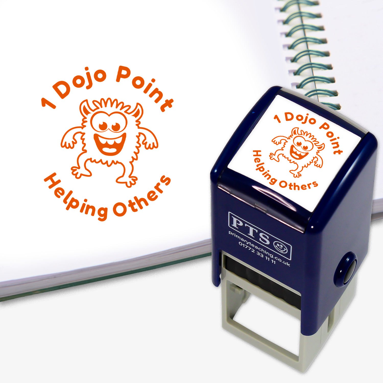 PTS dojo point stamp with a cartoon monster design on a white background.  Orange ink