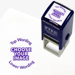 Customisable red self-inking 25mm stamper with the placeholder text 'CHOOSE YOUR IMAGE' in bold red, framed by 'Top Wording' and 'Lower Wording' above and below, indicating space for a personalised image and message.