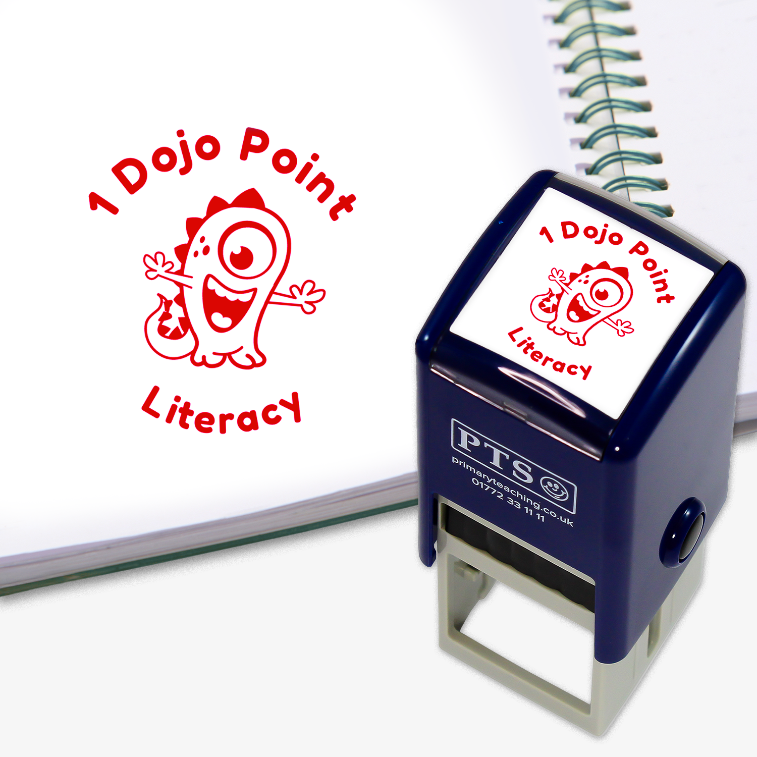  PTS stamp with '1 Dojo Point Literacy' design on a white background.  Red ink