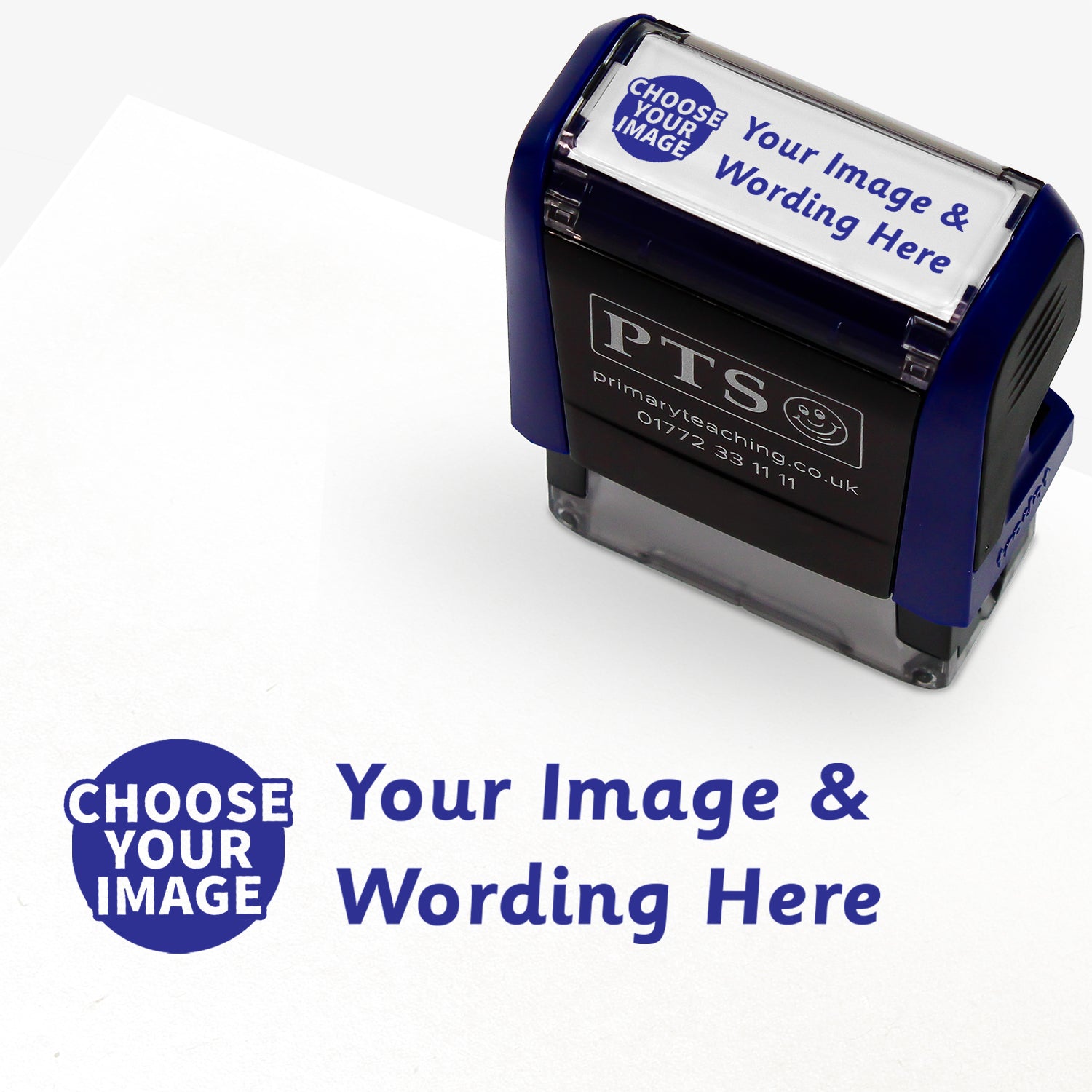 Customisable blue self-inking 38mm x 14mm stamper with the placeholder text 'YOUR IMAGE & WORDING HERE' in bold blue across two lines, to the left of this is 'CHOOSE YOUR IMAGE' indicating space for a personalised image and message.