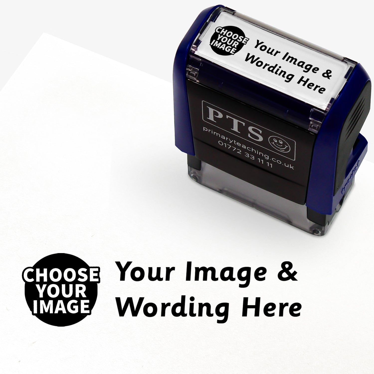Customisable black self-inking 38mm x 14mm stamper with the placeholder text 'YOUR IMAGE & WORDING HERE' in bold black across two lines, to the left of this is 'CHOOSE YOUR IMAGE' indicating space for a personalised image and message.