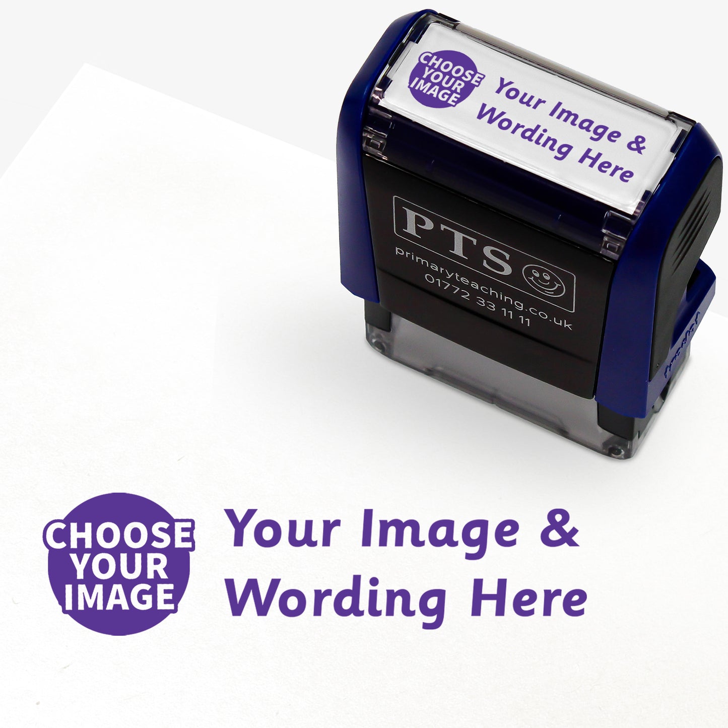 Customisable purple self-inking 38mm x 14mm stamper with the placeholder text 'YOUR IMAGE & WORDING HERE' in bold purple across two lines, to the left of this is 'CHOOSE YOUR IMAGE' indicating space for a personalised image and message.