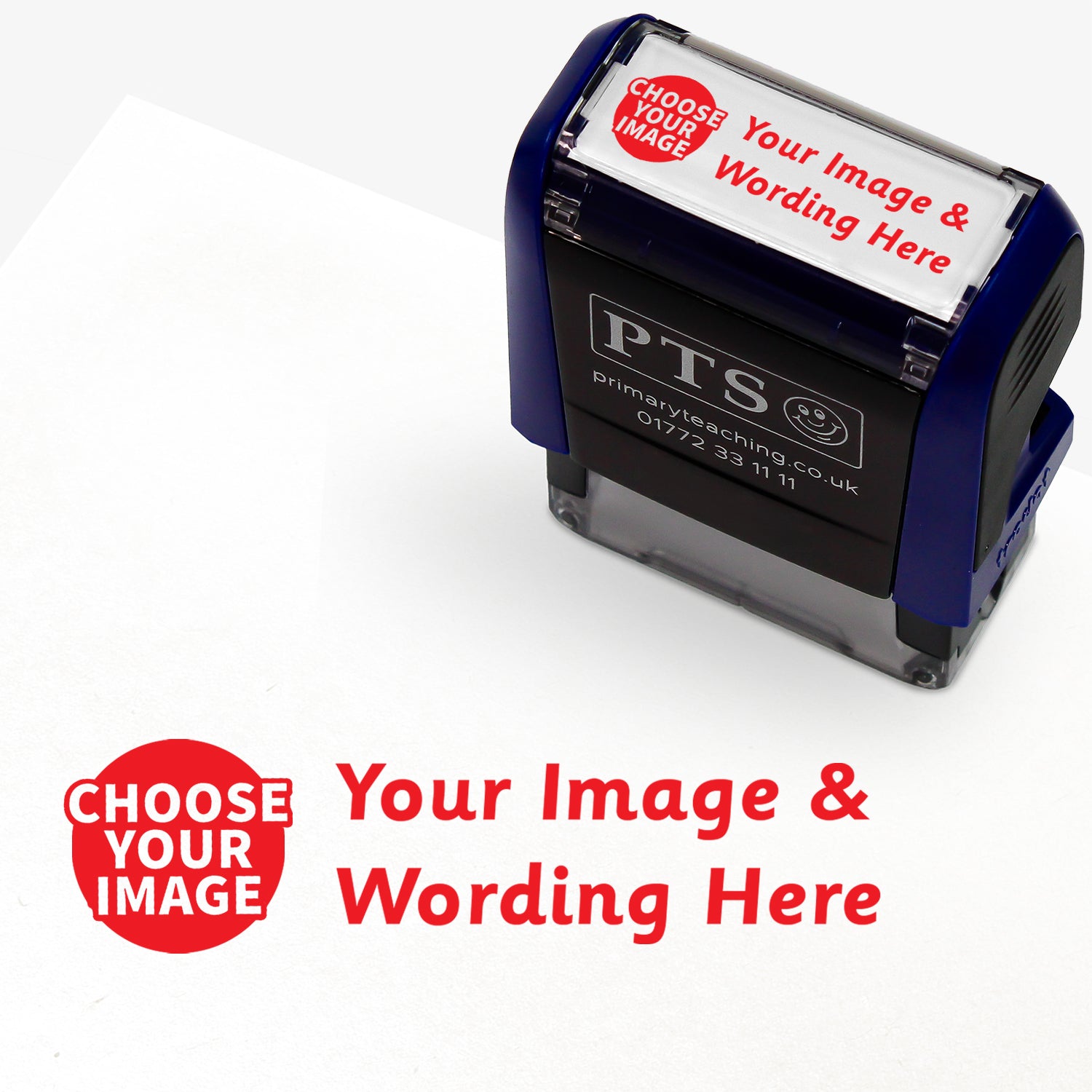 Customisable red self-inking 38mm x 14mm stamper with the placeholder text 'YOUR IMAGE & WORDING HERE' in bold red across two lines, to the left of this is 'CHOOSE YOUR IMAGE' indicating space for a personalised image and message.