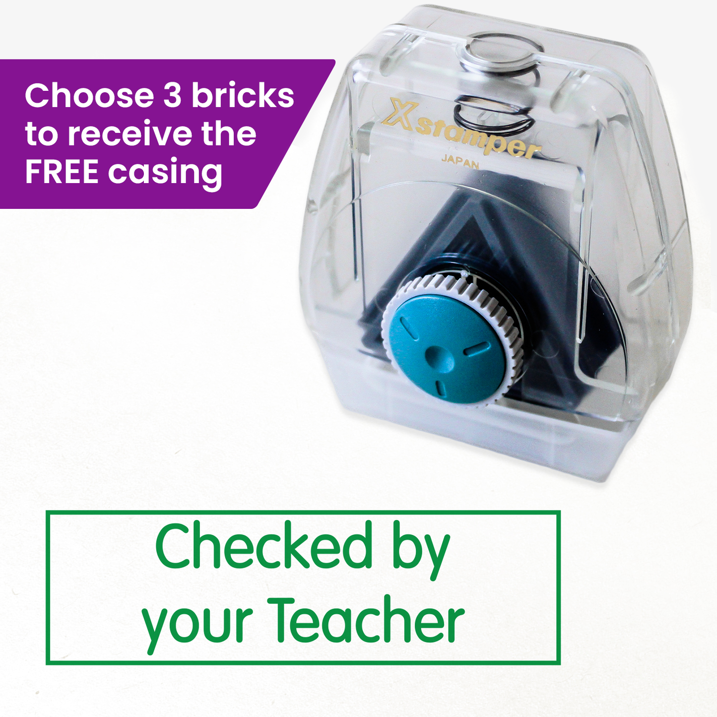 One Twist N Stamp brick in green ink with text box containing that phrase 'Checked by your Teacher'