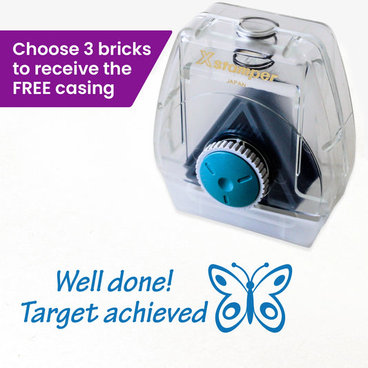 One Twist N Stamp brick in blue ink.  A butterfly icon alongside the phrase 'Well done! Target achieved' 