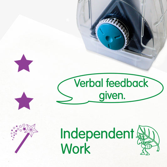 Complete Twist N Stamp.  Brick 1 Green ink - 'Independent Work' with an ant holding a leaf.  Brick 2 green ink - Speech bubble containing 'Verbal feedback given'.  Brick 3 in purple ink with with a star at the top, a star in the middle and a wand with a shower of stars underneath