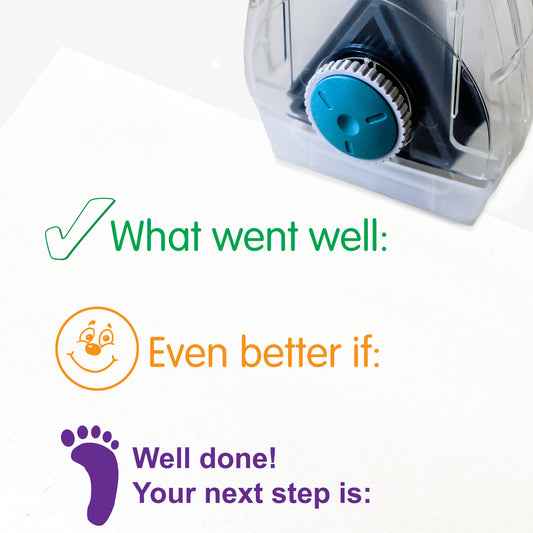 Complete Twist N Stamp.  Brick 1 Green ink - tick icon with phrase 'What went well;'.  Brick 2 orange Ink with smiling face and phrase 'Even better if:'  Brick 3 in purple ink with footprint and phrase 'Well done! Your next step is:'